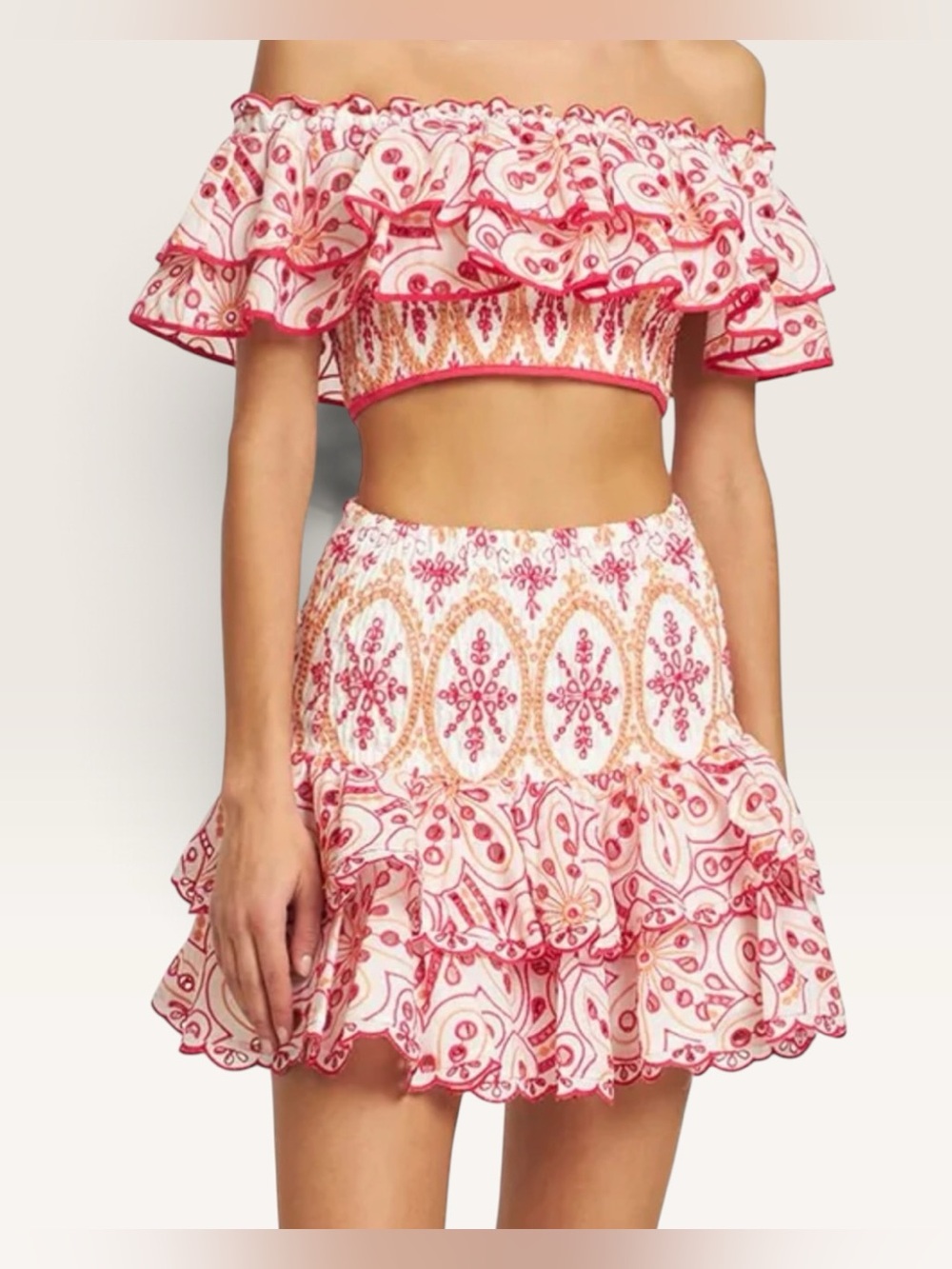 BEULAH two-piece floral embroidered ruffle crop top and skirt NWT Large